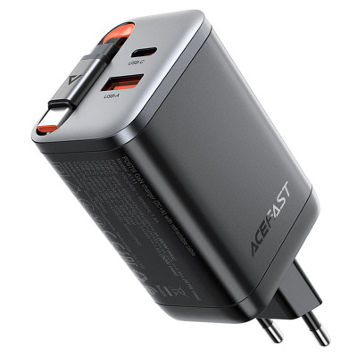Мережевий зарядний пристрій з кабелем ACEFAST A111 PD67W GaN charger(2*USB-C+USB-A) with retractable cable Black
