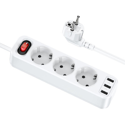 Мережевий подовжувач HOCO NS2 3-position extension cord socket(including 3*USB output) White Мережевий подовжувач HOCO NS2 3-position extension cord socket(including 3*USB output) White