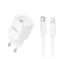 Мережевий зарядний пристрій з кабелем HOCO C146A Charm single port PD20W charger set (C to iP) (EU) White Мережевий зарядний пристрій з кабелем HOCO C146A Charm single port PD20W charger set (C to iP) (EU) White