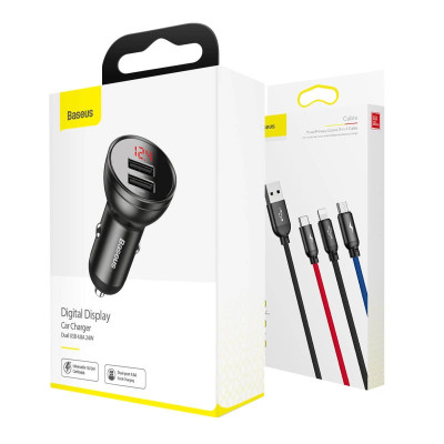 Автомобільний зарядний пристрій Baseus Digital Display Dual USB 4.8A Car Charger 24W+Three Primary Colors 3-in-1 Cable1.2M Автомобільний зарядний пристрій Baseus Digital Display Dual USB 4.8A Car Charger 24W+Three Primary Colors 3-in-1 Cable1.2M