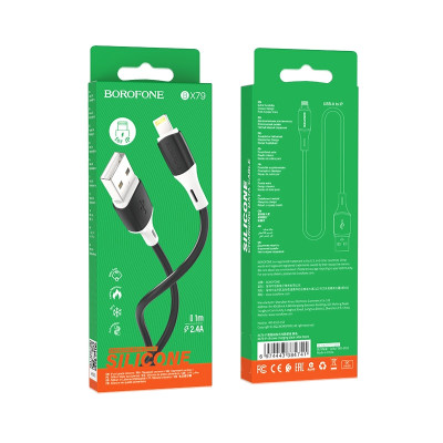 Кабель BOROFONE BX79 USB to iP 2.4A, 1m, silicone, silicone connectors, Black Кабель BOROFONE BX79 USB to iP 2.4A, 1m, silicone, silicone connectors, Black