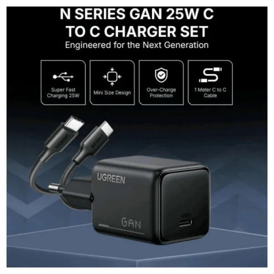 Мережевий зарядний пристрій UGREEN X517 25W USB-C GaN Fast Charger Set EU+1M CC Cable black Мережевий зарядний пристрій UGREEN X517 25W USB-C GaN Fast Charger Set EU+1M CC Cable black