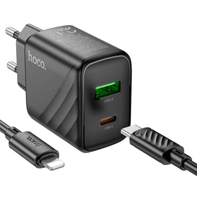 Мережевий зарядний пристрій з кабелем HOCO CS23A Sunlight dual-port PD30W+QC3.0 charger set (C to iP)(EU) Black Мережевий зарядний пристрій з кабелем HOCO CS23A Sunlight dual-port PD30W+QC3.0 charger set (C to iP)(EU) Black