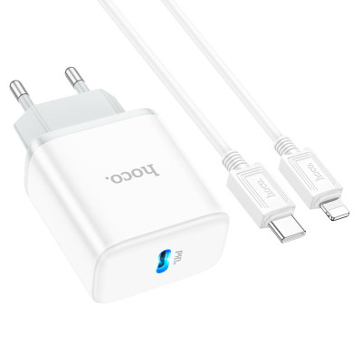 Мережевий зарядний пристрій з кабелем HOCO C104A Stage single port PD20W charger set (C to iP)(EU) White Мережевий зарядний пристрій з кабелем HOCO C104A Stage single port PD20W charger set (C to iP)(EU) White