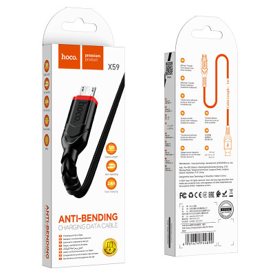 Кабель HOCO X59 USB to Micro 2.4A, 1m, nylon, TPE connectors, Black Кабель HOCO X59 USB to Micro 2.4A, 1m, nylon, TPE connectors, Black