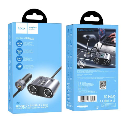 Автомобільний зарядний пристрій HOCO Z51 Establisher 147W(2C3A) 2-in-1 cigarette lighter car charger Metal Gray Автомобільний зарядний пристрій HOCO Z51 Establisher 147W(2C3A) 2-in-1 cigarette lighter car charger Metal Gray