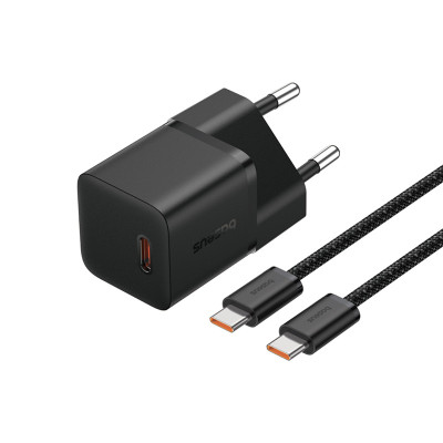 Мережевий зарядний пристрій з кабелем Baseus GaN5 Fast Charger(mini) 1C 20W EU Cluster Black(With: Fast Charging Data Cable Type-C)