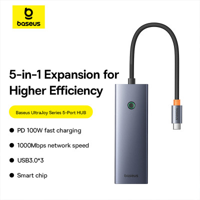 USB-хаб Baseus UltraJoy Series 5-Port HUB Space Grey（Type-C to USB3.0*3+RJ45*1+PD*1）