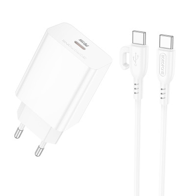Мережевий зарядний пристрій з кабелем BOROFONE BA21A Pro Long journey single port PD20W charger set(C to C) White Мережевий зарядний пристрій з кабелем BOROFONE BA21A Pro Long journey single port PD20W charger set(C to C) White