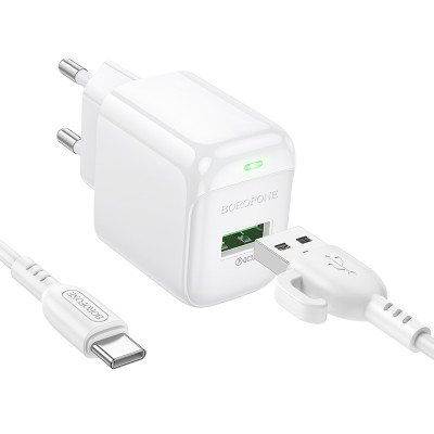 Мережевий зарядний пристрій з кабелем BOROFONE BAS42A Potential single-port QC3.0 charger set(Type-C) 18W White Мережевий зарядний пристрій з кабелем BOROFONE BAS42A Potential single-port QC3.0 charger set(Type-C) 18W White
