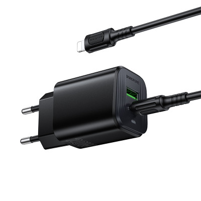 Мережевий зарядний пристрій з кабелем BOROFONE BAS83A Star PD20W+QC3.0 charger set (C to iP) (EU) Black Мережевий зарядний пристрій з кабелем BOROFONE BAS83A Star PD20W+QC3.0 charger set (C to iP) (EU) Black