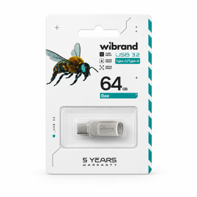 Флеш-накопичувач Wibrand USB 3.2 Gen1 Bee 64GB USB Type-A/USB Type-C Silver Флеш-накопичувач Wibrand USB 3.2 Gen1 Bee 64GB USB Type-A/USB Type-C Silver