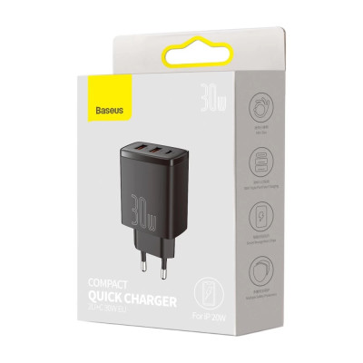 Мережевий зарядний пристрій Baseus Compact Quick Charger 2U+C 30W EU Black