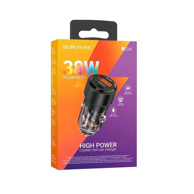 Автомобільний зарядний пристрій BOROFONE BZ20 Smart 38W dual port PD20W+QC3.0 car charger Transparent Black Автомобільний зарядний пристрій BOROFONE BZ20 Smart 38W dual port PD20W+QC3.0 car charger Transparent Black