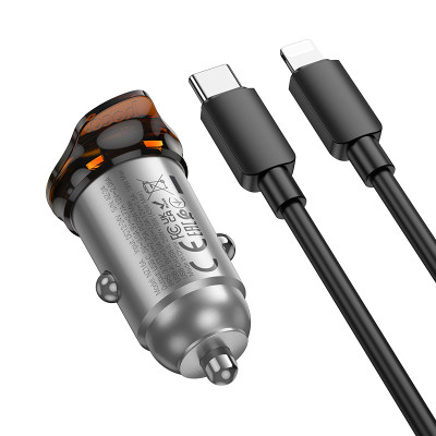 Автомобільний зарядний пристрій HOCO NZ16A Rigorous 43W dual port PD25W+QC3.0 car charger set(C to iP) Metal Grey Автомобільний зарядний пристрій HOCO NZ16A Rigorous 43W dual port PD25W+QC3.0 car charger set(C to iP) Metal Grey