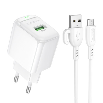 Мережевий зарядний пристрій з кабелем BOROFONE BAS42A Potential single-port QC3.0 charger set(Micro)(EU) White Мережевий зарядний пристрій з кабелем BOROFONE BAS42A Potential single-port QC3.0 charger set(Micro)(EU) White