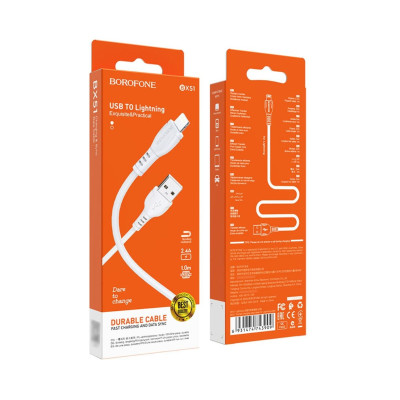 Кабель BOROFONE BX51 USB to iP 2.4A,1m, PVC, PVC connectors, White Кабель BOROFONE BX51 USB to iP 2.4A,1m, PVC, PVC connectors, White