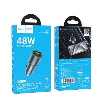 Автомобільний зарядний пристрій HOCO Z60 Bloom 48W dual-port PD30W+QC3.0 multi-protocol car charger Metal Gray Автомобільний зарядний пристрій HOCO Z60 Bloom 48W dual-port PD30W+QC3.0 multi-protocol car charger Metal Gray