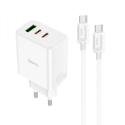 Мережевий зарядний пристрій HOCO C126A Pure power PD40W three-port(2C1A) charger set(Type-C to Type-C) White