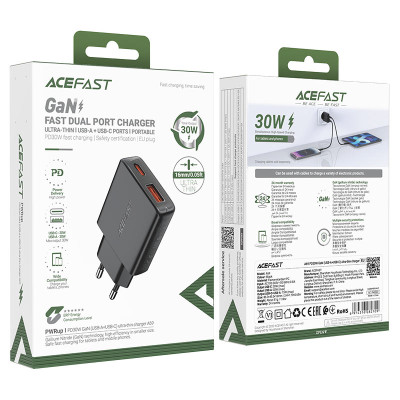 Мережевий зарядний пристрій ACEFAST A69 PD30W GaN (USB-A+USB-C) ultra-thin charger Black