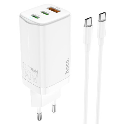 Мережевий зарядний пристрій HOCO N16 Scenery 65W three-port(2C1A) charger set(Type-C to Type-C) White