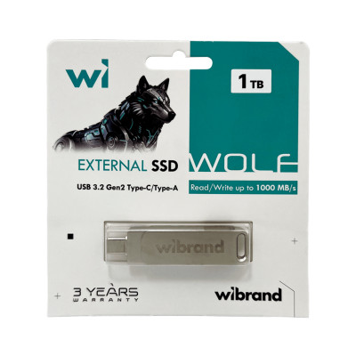 Портативный SSD Wibrand Wolf 1TB USB 3.2 Gen.2 Type-C/Type-A Read/Write 1000MB/s Silver