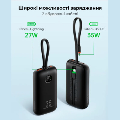 Внешний аккумулятор VEGER 10000 mAh with built-in cables Type C / Lightning PD QC3.0 35W K1 (W1188) black