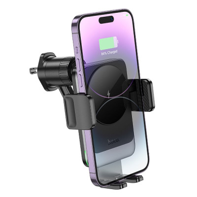 Автотримач для телефона з БЗП HOCO HW13 Speed wireless fast charging car holder(air outlet) Black Metal Gray