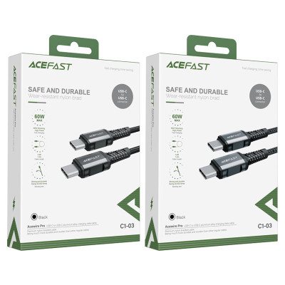 Кабель ACEFAST C1-03 Type-C to Type-C 3A, 1.2m, nylon, aluminum connectors, Black Кабель ACEFAST C1-03 Type-C to Type-C 3A, 1.2m, nylon, aluminum connectors, Black