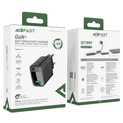 Мережевий зарядний пристрій ACEFAST A90 QC18W GaN single USB-A charger (EU) Black Мережевий зарядний пристрій ACEFAST A90 QC18W GaN single USB-A charger (EU) Black