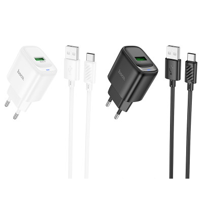 Мережевий зарядний пристрій з кабелем HOCO C140A Smart single port QC3.0 charger set(Type-C)(EU) Black Мережевий зарядний пристрій з кабелем HOCO C140A Smart single port QC3.0 charger set(Type-C)(EU) Black