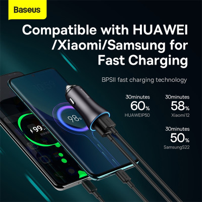 Автомобільний зарядний пристрій Baseus Golden Contactor Max Dual Fast Charger Car Charger U+U 60W Dark Gray