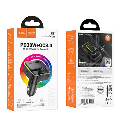 АЗП з FM-модулятором HOCO E81 Fantasy PD30W+QC3.0 car BT FM transmitter Black АЗП з FM-модулятором HOCO E81 Fantasy PD30W+QC3.0 car BT FM transmitter Black
