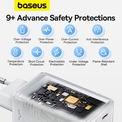 Мережевий зарядний пристрій з кабелем Baseus GaN6 Pro Fast Charger 2C+2U 65W  EU Moon White((With:Mini White Cable C to C 100W(20V/5A) 1m White）
