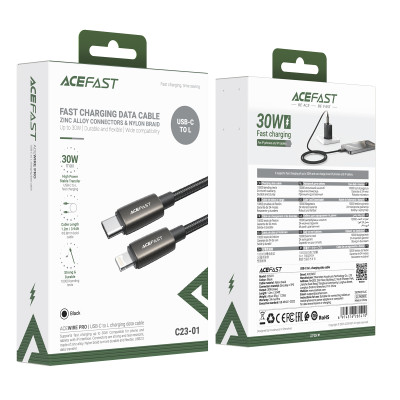 Кабель ACEFAST C23-01, USB to iP, 30W,1.2m, Nylon, Zinc alloy + TPE connectors, Black Кабель ACEFAST C23-01, USB to iP, 30W,1.2m, Nylon, Zinc alloy + TPE connectors, Black