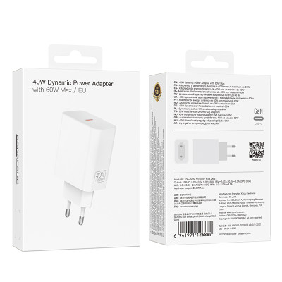 Мережевий зарядний пристрій BOROFONE BA109A Star single port PD40W charger (EU) White Мережевий зарядний пристрій BOROFONE BA109A Star single port PD40W charger (EU) White