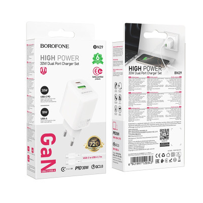 Мережевий зарядний пристрій BOROFONE BN29 Fuente PD30W+QC3.0 charger (EU) White Мережевий зарядний пристрій BOROFONE BN29 Fuente PD30W+QC3.0 charger (EU) White