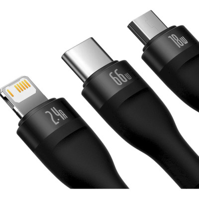 Кабель Baseus Flash Series Ⅱ One-for-three Fast Charging Data Cable USB to M+L+C 66W 1.2m Black
