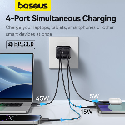 Мережевий зарядний пристрій з кабелем Baseus GaN6 Pro Fast Charger 2C+2U 65W  EU Cluster Black((With Type-C to Type-C 100W(20V/5A) 1m Black）