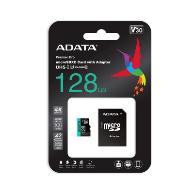 Карта пам'яті microSDXC (UHS-1 U3) A-DATA Premier Pro 128Gb Class 10 V30S A2 (R-100Mb/s W85Mb/s) (adapter SD)