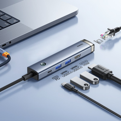 USB-хаб Baseus UltraJoy Series 5-Port HUB AIR Space Grey（Type-C to HDMI4K@60Hz*1+USB3.0*2+PD*1+RJ45*1）