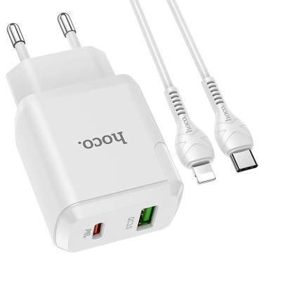 Мережевий зарядний пристрій HOCO N5 Favor dual port PD20W+QC3.0 charger set(C to iP) White Мережевий зарядний пристрій HOCO N5 Favor dual port PD20W+QC3.0 charger set(C to iP) White