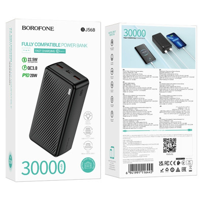 Зовнішній акумулятор BOROFONE BJ56B Graceful 22.5W+PD20W fully compatible power bank(30000mAh) Black