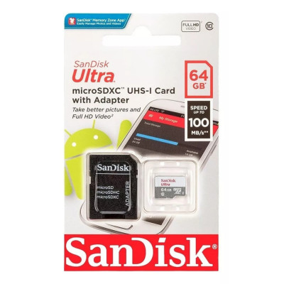 Карта пам'яті microSDXC (UHS-1) SanDisk Ultra 64Gb class 10 A1 (100Mb/s) (adapter SD) Карта пам'яті microSDXC (UHS-1) SanDisk Ultra 64Gb class 10 A1 (100Mb/s) (adapter SD)