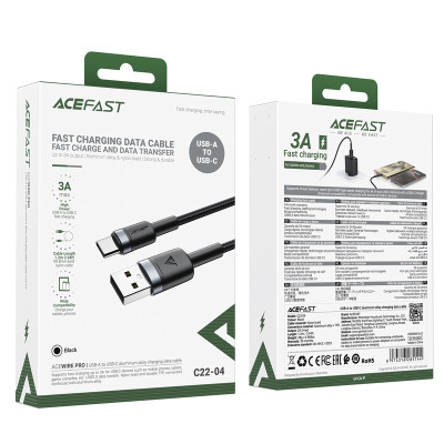 Кабель ACEFAST C22-04, USB to Type-C, 3A, 1.2m, Nylon Braid, Aluminum Alloy + TPE connectors, Black Кабель ACEFAST C22-04, USB to Type-C, 3A, 1.2m, Nylon Braid, Aluminum Alloy + TPE connectors, Black