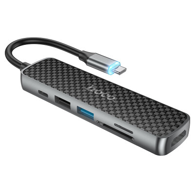 USB-Hub HOCO HB24 Easy display Type-C multifunction adapter(HDTV+USB3.0+USB2.0+SD+TF+PD) Metal Gray