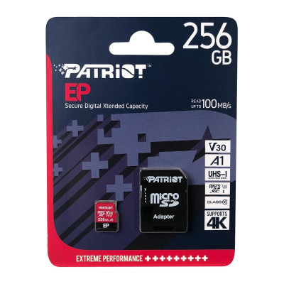 Карта пам'яті microSDXC (UHS-1 U3) Patriot EP Series 256Gb class 10 V30 (R-100MB/s, W-80MB/s) (adapter SD) Карта пам'яті microSDXC (UHS-1 U3) Patriot EP Series 256Gb class 10 V30 (R-100MB/s, W-80MB/s) (adapter SD)