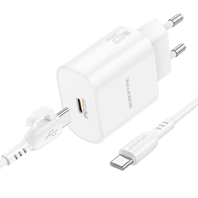 Мережевий зарядний пристрій з кабелем BOROFONE BA82A Platinum single port PD25W charger set(C to C)(EU) White Мережевий зарядний пристрій з кабелем BOROFONE BA82A Platinum single port PD25W charger set(C to C)(EU) White