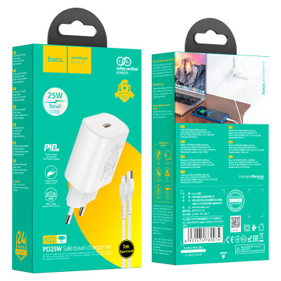 Мережевий зарядний пристрій з кабелем HOCO N22 Jetta PD25W charger set (Type-C to iP)(EU) White Мережевий зарядний пристрій з кабелем HOCO N22 Jetta PD25W charger set (Type-C to iP)(EU) White