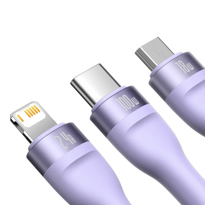 Кабель Baseus Flash Series Ⅱ One-for-three Fast Charging Data Cable USB to M+L+C 100W 1.2m Purple Кабель Baseus Flash Series Ⅱ One-for-three Fast Charging Data Cable USB to M+L+C 100W 1.2m Purple